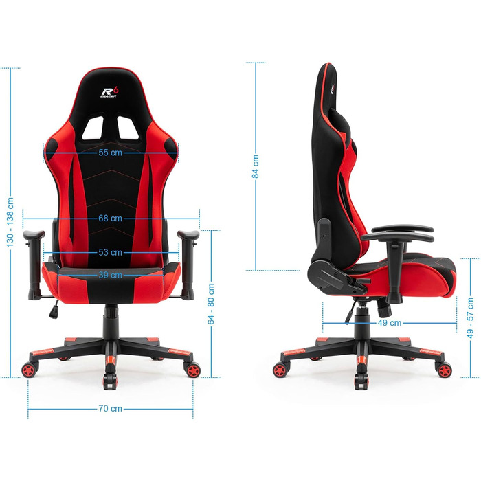 Тканинне ігрове крісло SRACER R6, ігрове крісло до 130 кг, гоночне крісло з підголівником, з поперековою опорою, з 2D підлокітниками, чорно-червоне