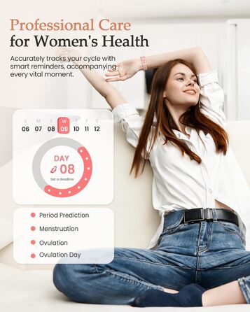 Жіночий смарт-годинник, 1,27-дюймовий HD фітнес-годинник з функцією телефону, відстеження менструального циклу, понад 120 спортивних режимів, 24-годинний монітор серцевого ритму, 24-годинний монітор SpO2, монітор сну, калорії, фітнес-трекер, IP68, сумісни
