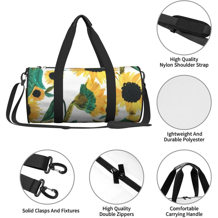 Спортивна сумка, дорожня сумка, соняшник, акварельний принт, чорний колір, універсальний розмір