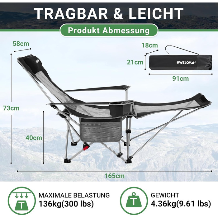 В-1 складне кемпінгове крісло, пляжне крісло з регульованою спинкою та підставкою для ніг, розслаблююче крісло/шезлонг з підставкою для чашок, рибальське крісло для кемпінгу на свіжому повітрі A*mesh - чорний/сірий, 2-