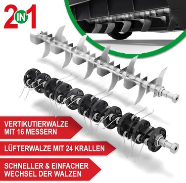 В-1 Електричний Вертикуттер 1800 Вт Ширина захоплення 38 см Обєм травозбірника 45 л з Вертикутуючим та Аераційним Валками для Видалення Моху/Бурянів та Покращення Повітряного Обміну Газону, 2-