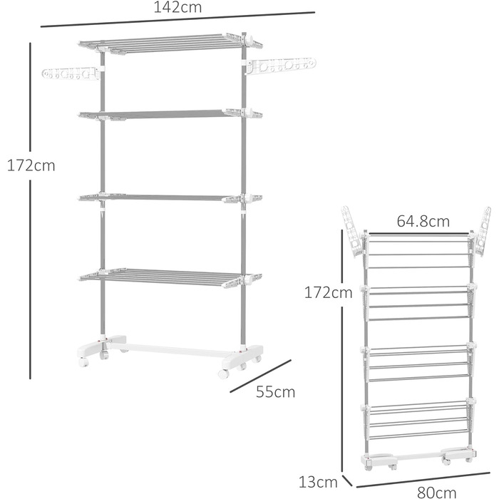 Сушарка для білизни на коліщатках, складна сушарка для білизни з крилами, регульована по висоті для приміщень і вулиць, сталь 142