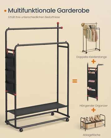 Вішалка для одягу на колесах, Підставка для гардеробу, 2 рейлінги для одягу, Полиця, Бічний органайзер, Гачки у формі сірників, Міцна, Спальня, Коридор, Чорний колір HSR171B01 50Г x 189.6В см