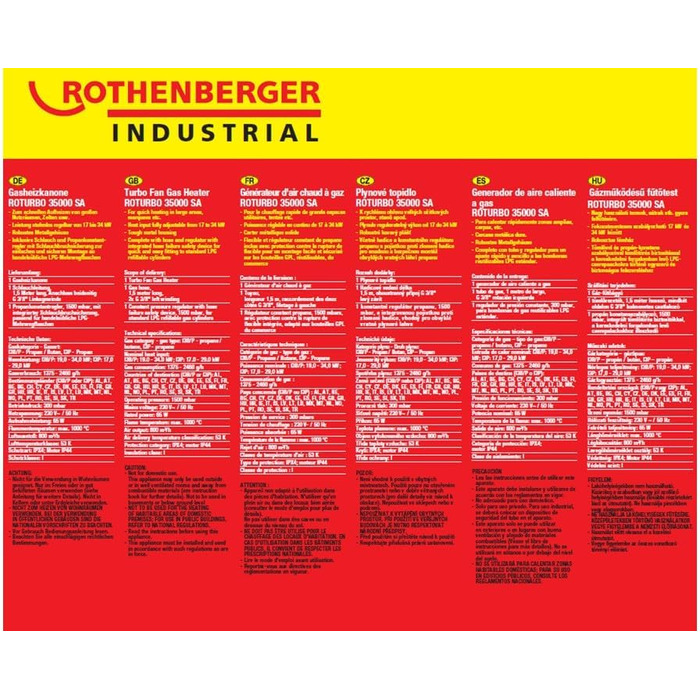 Промисловий газовий обігрівач/нагрівальна гармата Rothenberger з п&39єзоелементом, шлангом, регулятором, захистом від розриву шланга RoTurbo 35000SA 1000C Регульований Включає Bluetooth-динамік, час роботи до 30 годин RoTurbo 35000 з регульованою функцією