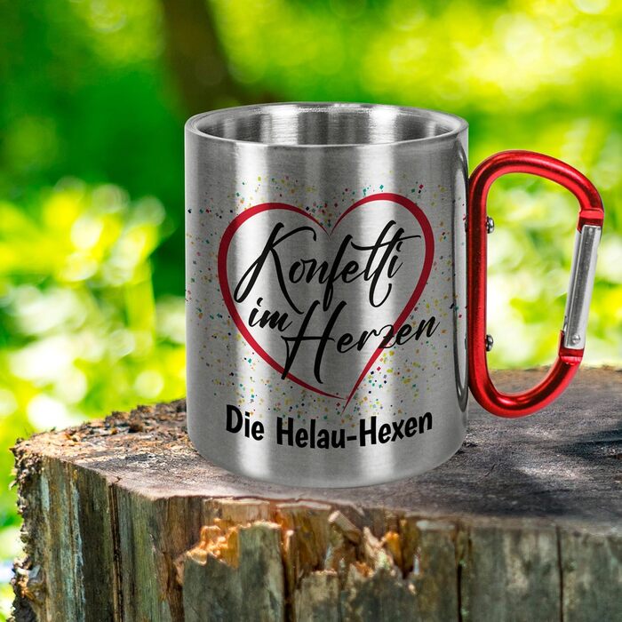 Правдиві твердження для карнавалу та парадів Весела металева кружка з нержавіючої сталі з карабіном, приблизно 330 мл, персоналізоване Конфетті в серці Карнавал/Марді Гра, без кришки, червона ручка