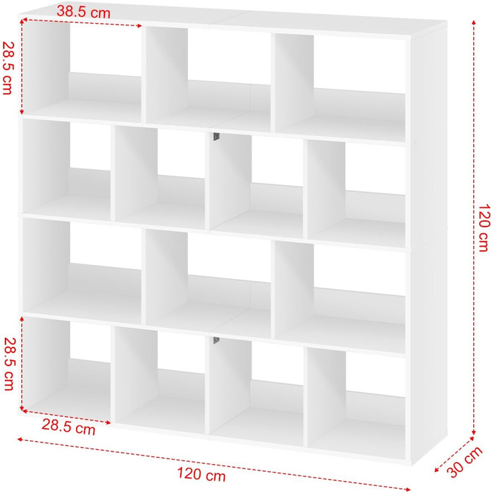 Книжкова полиця eSituro, окремостояча полиця з 14 відділеннями, кубічна полиця, полиця для зберігання, офісна полиця, відкрита полиця для вітальні, кабінету, офісу, компактна, 120x120x30 см, білий