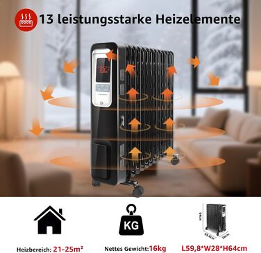 Енергозберігаючий масляний радіатор потужністю 2500 Вт, електричний РК-обігрівач з 13 ребрами, 4 режими нагріву, термостат, пульт дистанційного керування, захист від перегріву, електричний радіаторний обігрівач, 33JHH -
