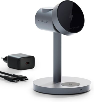 Зарядна станція AMEGAT для Apple Watch та iPhone, бездротовий зарядний пристрій MagSafe 3 в 1 15 Вт, включаючи 30 Вт зарядний прис