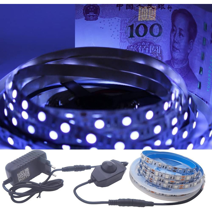 УФ світлодіодна стрічка Blacklight Strip з можливістю затемнення, стрічкова стрічка SMD 5050 60led/m світлова струнна стрічка з блоком живлення для декору Carnival Bar Disco Party, комплект 5M IP20 5050