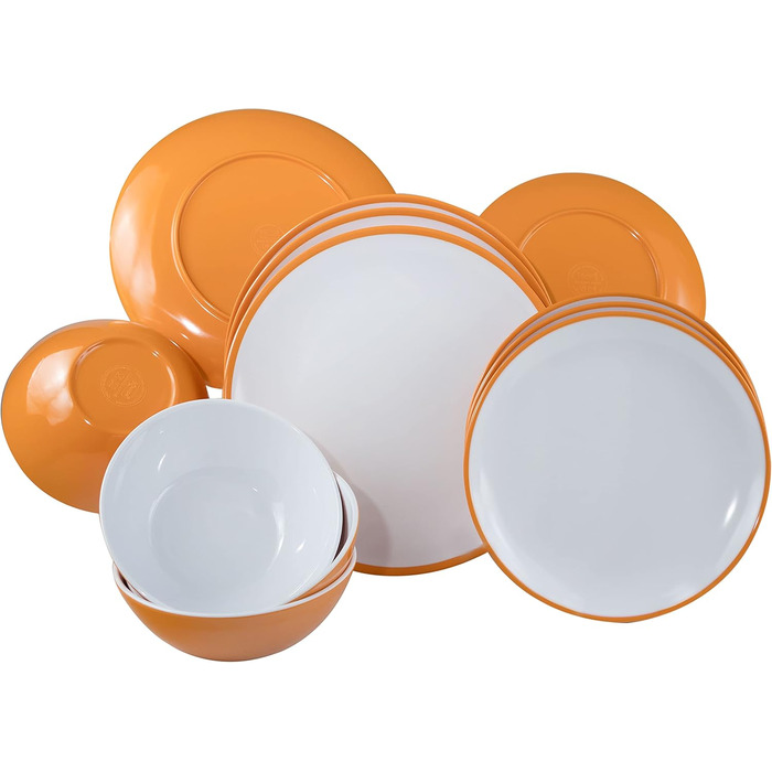 Набір посуду для кемпінгу з меламіну та скла для 4 осіб - 16 предметів - кемпінговий посуд - жовтий та білий - зі склянками об&39ємом 450 мл - склянки - набір посуду з 16 предметів - тарілки склянки, помаранчевий, 450 мл