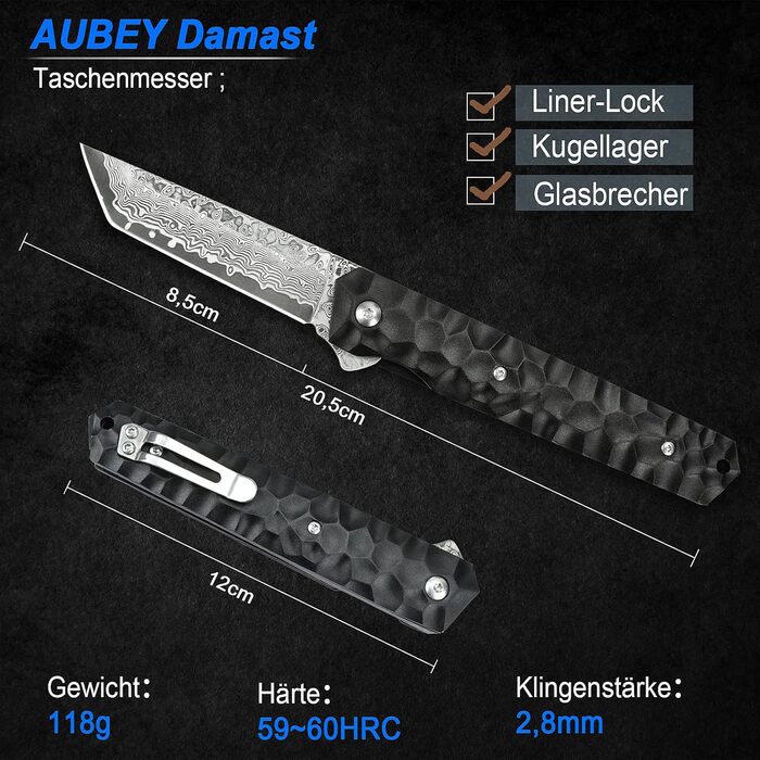 Кишеньковий ніж з дамаської сталі AUBEY, складаний ніж танто з дамаської сталі чорний, дамаський ніж в японському стилі, одноручни