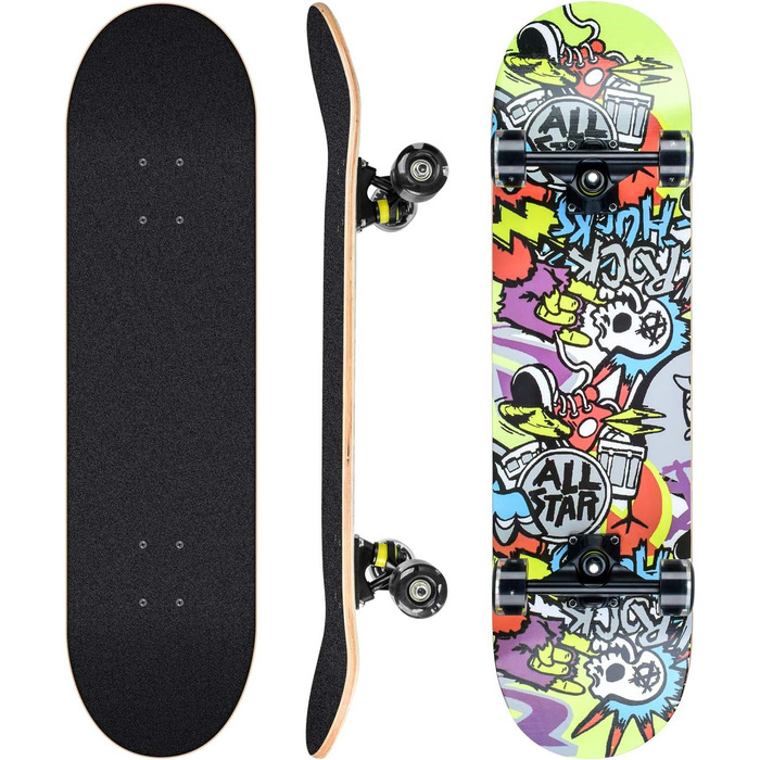 Повний скейтборд White-123 78.7 x 20.3 см - 8-шарова дека з клена, ABEC-11 підшипники, блискучі PU колеса, для дітей, підлітків та дорослих, білий дизайн
