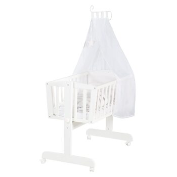 Дитяча колиска roba 40 x 90 см з дерева - Лисиця та Зайчик - Колиска та колиска з колесами - Комплект ліжка з функцією блокування - Включає текстильне обладнання - Дерево біле / Лисиця та Зайчик