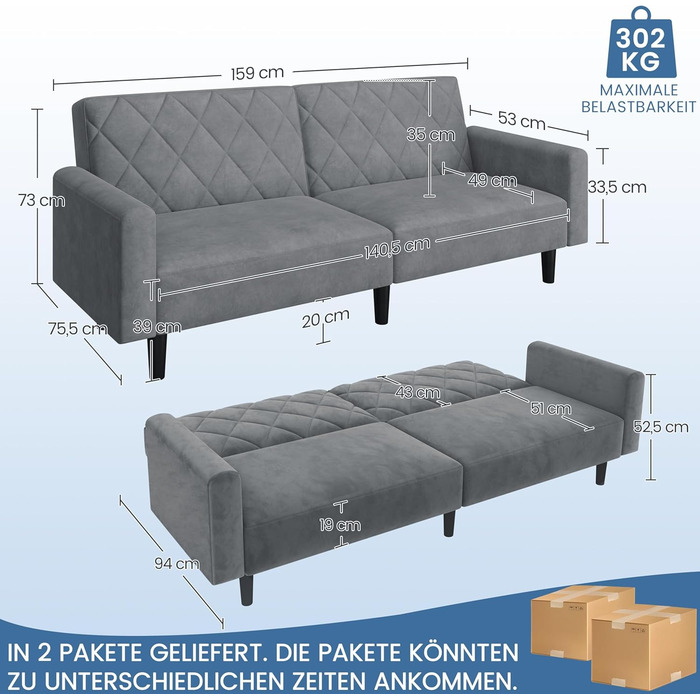 Місний диван Yaheetech з функцією сну, розкладний диван 159 см з оксамитової тканини, невеликий розкладний диван, спальна зона 140,5 94 см, для вітальні/спальні, темно-сірий, 2-