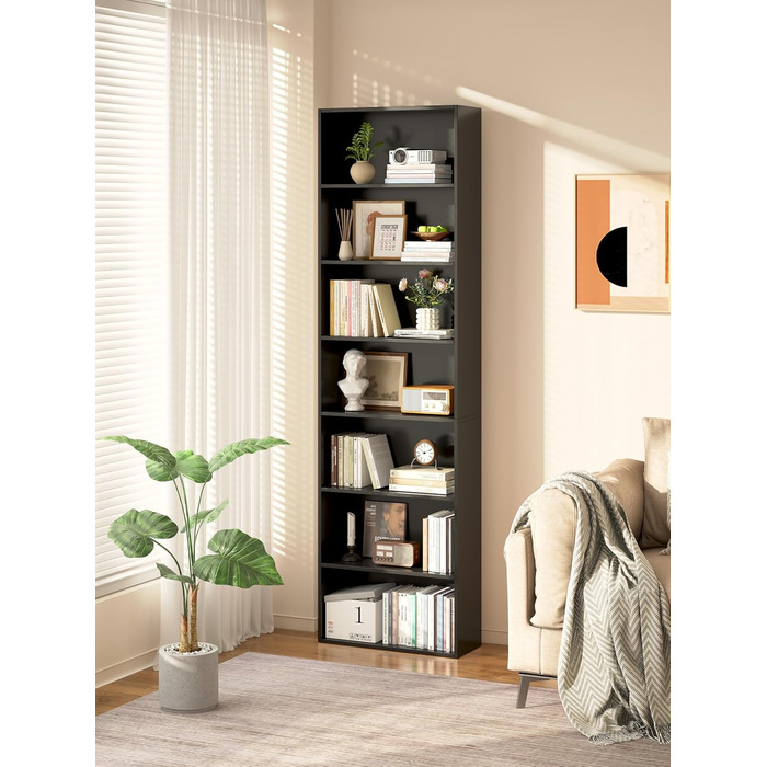 Рівнева окремостояча полиця Garvis 60 см завширшки, 210 см заввишки Відкрита книжкова шафа, білий чорний дуб Офічна полиця для вітальні (чорна), 7-
