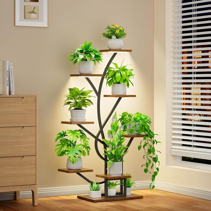 Підставка для рослин з лампою для вирощування - 8-ярусна підставка для квітів 126 см, полиця для рослин з металу та дерева - Квіткові драбини для приміщень та вулиці - Декоративна чорна квіткова підставка для балкону в приміщенні