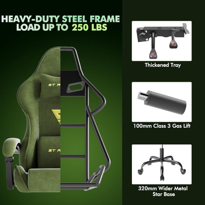 Ігрове крісло, Дихаюче та ергономічне офісне крісло з мікрофібри велюру, Комп&39ютерне крісло з регульованим підголівником та поперековою подушкою, підлокітниками, підставкою для ніг (зелене) Зелений LW200