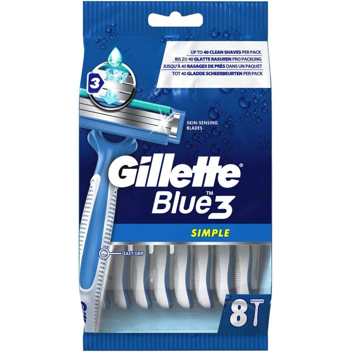 Проста одноразова бритва Gillette Blue3 для чоловіків, 8 бритв із 3 лезами, волога бритва з фіксованим лезом, зволожуюча смужка