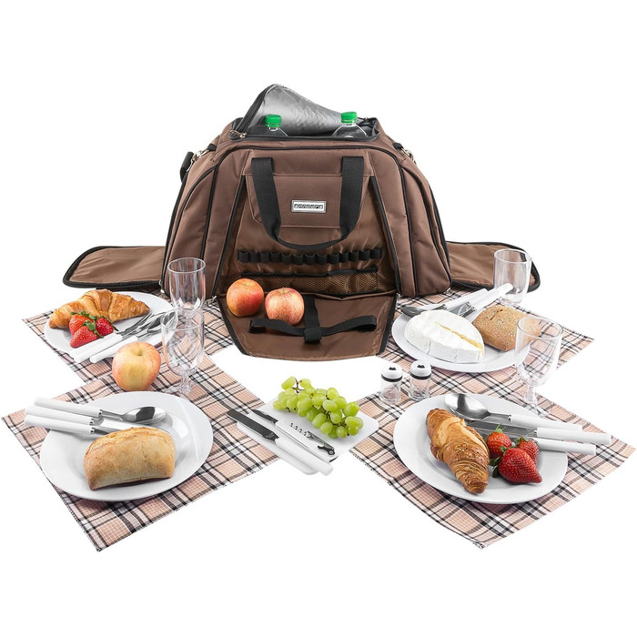 Сумка для пікніка anndora з відділенням-холодильником, коричнева з синіми колами, 29 предметів, 4 особи, 3655 Коричнева з різнокольоровими колами