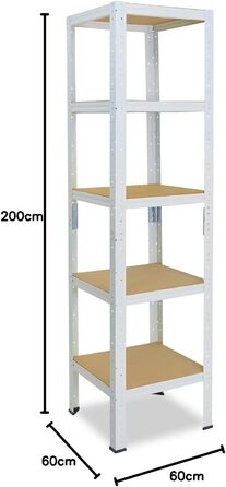 Надміцний стелаж для дому, білий/металевий стелаж з 5 полицями/стелаж для підвалу, стелаж для гаража, стелаж для майстерні або стелаж для зберігання/металевий стелаж без болтів, вантажопідйомність 175 кг, В 200 см / Ш 60 см / Г 60 см, 200x60x60
