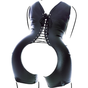 Бондажний шкіряний боді для жінок, з відкритою зоною та регульованими шнурівками, чорний, M/L