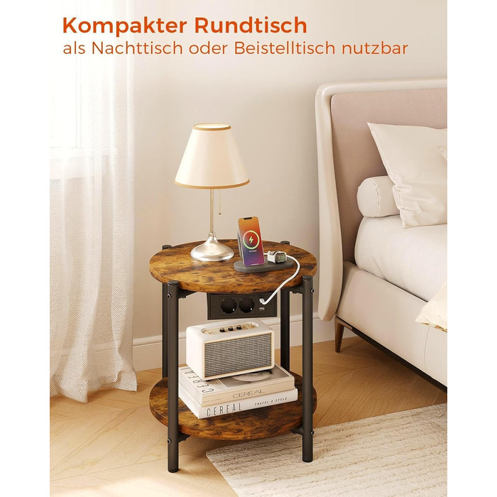 Круглий бічний столик IRONCK, журнальний столик з розеткою, невеликий дерев&39яний столик, стіл для вітальні з 2 полицями, столик-диван, порт USB та Type-C, металевий каркас, тумбочка для спальні (вінтажний коричневий, )