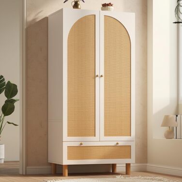 Шафа EMKK з 2 дверима, плетена шафа з ротанга, багатофункціональна шафа в сільському стилі, гардеробна-шафа, з великою шухлядою, біла, 180x85x52 см (В/Ш/Г)