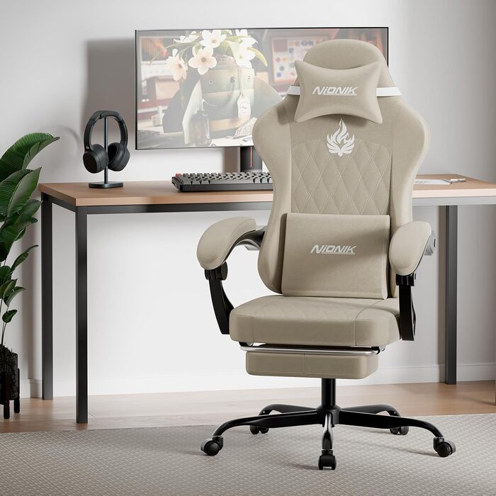 Геймерське крісло початкового рівня, ергономічне комп&39ютерне крісло з регульованою висотою та спинкою, просте ігрове крісло для дітей, підлітків та дорослих для кімнат та офісів, бежеве