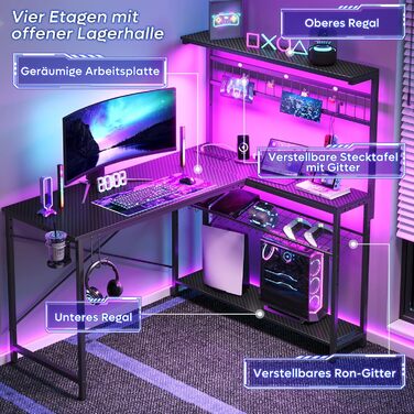 Геймерський стіл Bestier 130 см L-подібний, двосторонній кутовий стіл з розетками, світлодіодним підсвічуванням, 4 полицями, гачками та підставкою для чашок, ідеально підходить для домашнього офісу та ігор, 130 см з вуглецевого волокна, чорний