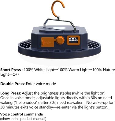 Акумуляторний кемпінговий ліхтар з голосовим керуванням, 10000 мАг, 3000 лм, 4 режими світла, портативне вуличне освітлення з голосовим керуванням, водонепроникні ліхтарі для намету (IPX4).