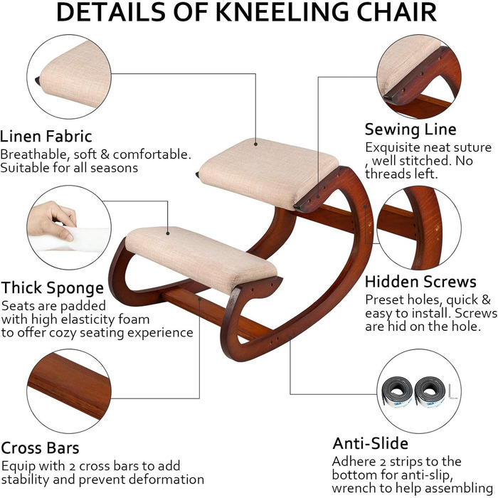 Ергономічне крісло для колін VEVOR, регульований стілець з гікорі з подушкою, зручний домашній стіл, ергономічне крісло/стілець для колін, що формує та знімає стрес, витримує 150 кг, коричневий