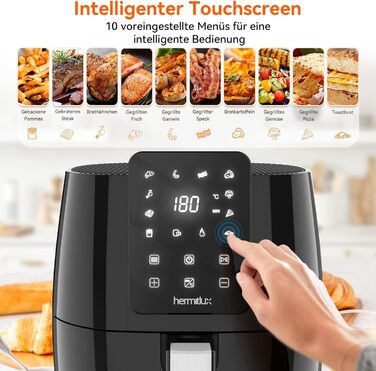 Фритюрниця Hermitlux 5.5 л XXL, 10 програм фритюрниці з цифровим світлодіодним сенсорним екраном, фритюрниця з гарячим повітрям без олії, попередній нагрів і підтримання тепла, з рецептом, 1500 Вт можна мити в посудомийній машині