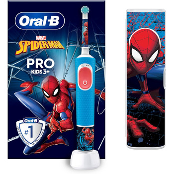 Електрична зубна щітка Oral-B Pro Kids Spiderman, дитяча від 3 років, включно з режимом Sensitive для догляду за зубами, надзвичайно мяка щетина, 1 насадка для щітки, 1 дорожній футляр, 4 наклейки, синій/червоний.