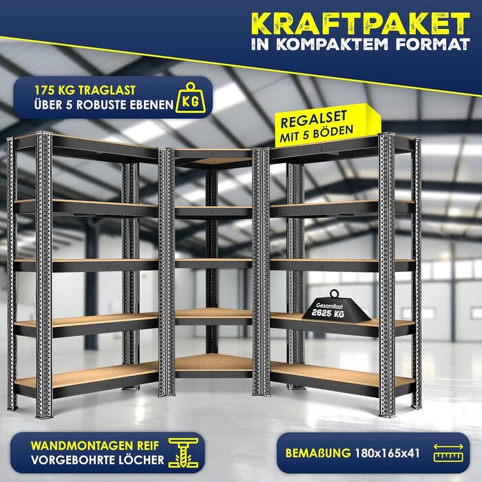 Комплект металевих стелажів MASKO з 3 предметів 1 кутова полиця та 2 стелажі, по 15 полиць кожен Полиця з МДФ панелей, вантажопідйомність 2625 кг, полиця для майстерні, полиця для підвалу, полиця для гаража, надміцні стелажі, стелаж без болтів, чорний