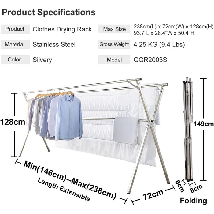 Складна вішалка для одягу, вішалка з нержавіючої сталі для приміщень і вулиці, зручна для зберігання, 2,38 м