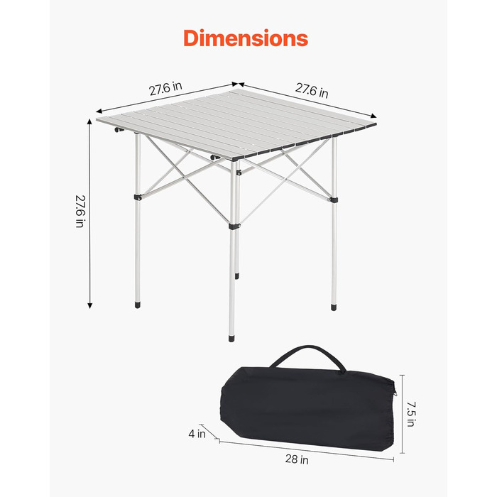 Складаний фуршетний стіл VEVOR, портативний універсальний стіл, 70 см, квадратний алюмінієвий стіл (для 2-4 осіб) з сумкою для перенесення, садовий стіл, кемпінговий стіл для вечірок, пікніків, кемпінгу, барбекю, сріблястий