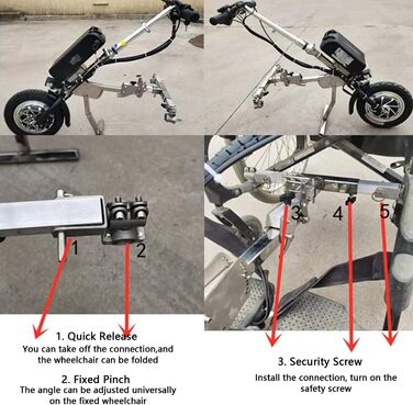 Електричний ручний велосипед Кріплення для інвалідного візка, 3 регулювання швидкості, запас ходу 90 км, 12-дюймові колеса, комплект для переобладнання електричного інвалідного візка