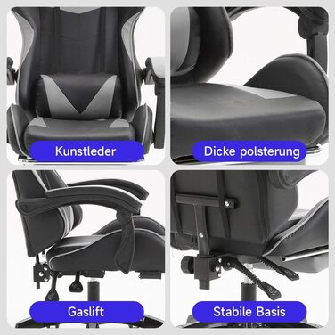 Ергономічне ігрове крісло, офісне крісло, регульоване по висоті, комп&39ютерне крісло зі штучної шкіри, з підголівником та поперековою опорою, поворот на 360 (сіре)