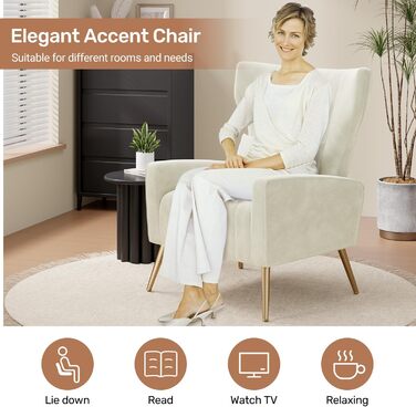 Крісло-рекордер/односпальний диван/крісло під телевізор/крісло-підголовник з підголівником та золотистими металевими ніжками, оксамит, до 130 кг, спальня, вітальня, бежевий, комплект з