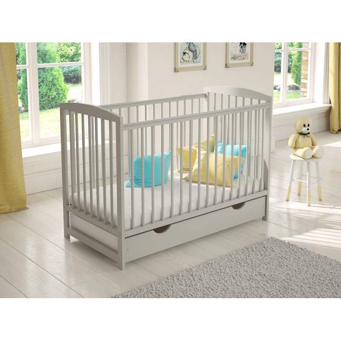 Дитяче ліжко Jacob, біле, з шухлядою, 120 x 60 см, включаючи матрац та чохол, дерев&39яні захисні поручні, захисний чохол