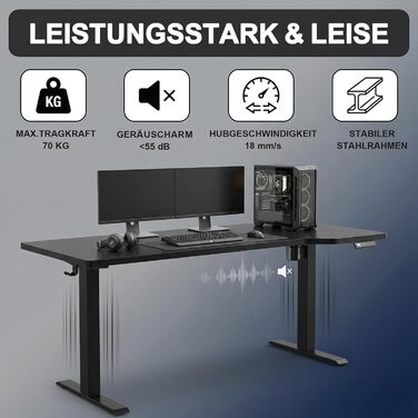 Стіл з регульованою висотою 180 x 85 см L-подібний стіл Регульований по висоті електричний, ергономічний ігровий стіл з гачками (чорний) Чорний 180 x 85 см