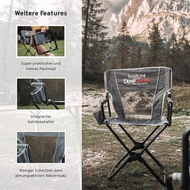 Кемпінгове крісло CAMPWERK, легке та компактне, зі спинкою, вбудованими підлокітниками та підсклянником, компактне, стійке до бруду та води, складане, для всіх видів активного відпочинку на свіжому повітрі, сіре