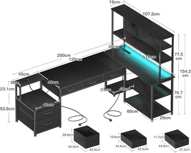 Кутовий письмовий стіл Coleshome з 5 шухлядами та 4 полицями, 200110 см, L-подібний стіл зі світлодіодним освітленням, розетками та USB-портами, великий стіл для домашнього офісу, чорний 200110 см