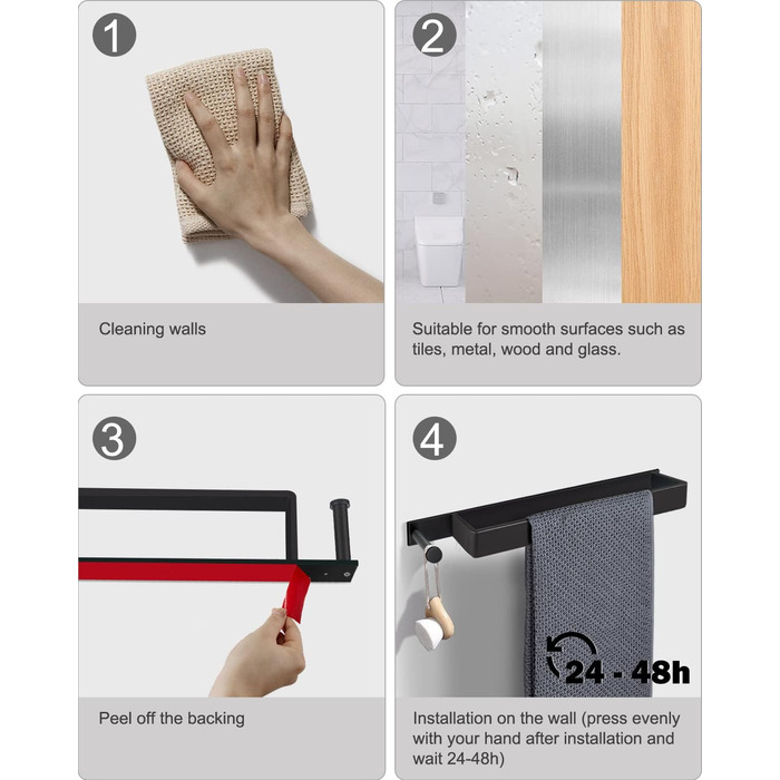 Рушникосушка чорна, самоклеюча рушникосушка без свердління з нержавіючої сталі 43,5 см гостьова рушникосушка для ванної кімнати з