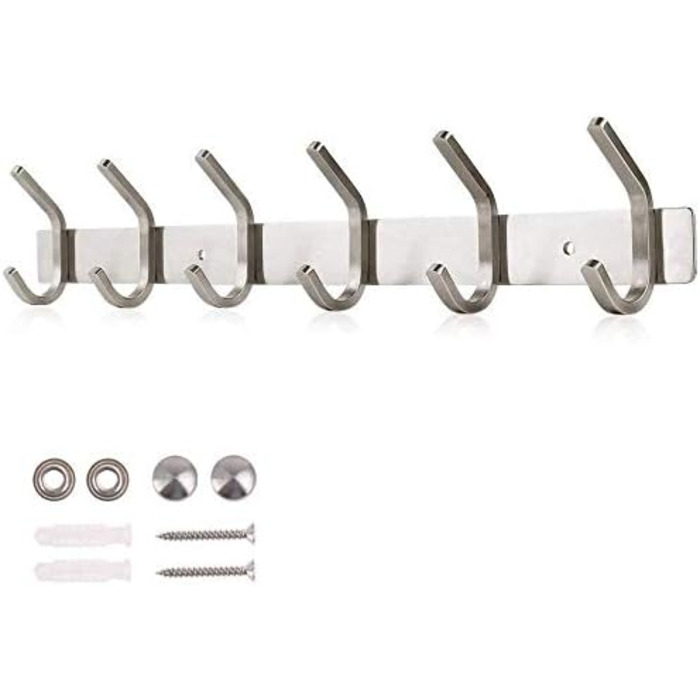 Гачок-рейка з нержавіючої сталі гачки для одягу матовий вигляд подвійні гачки до 30 кг вантажопідйомність гачки (срібло, 6 гачків)