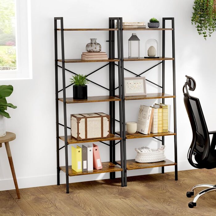 Дубова та чайна полиця, 5-ярусна книжкова шафа, окремостояча полиця, полиця-драбина, 172 см, відкриті вузькі полиці, сталевий каркас, промисловий дизайн, для офісу, кабінету, вітальні, спальні, вінтажний коричнево-чорний рустикальний коричневий