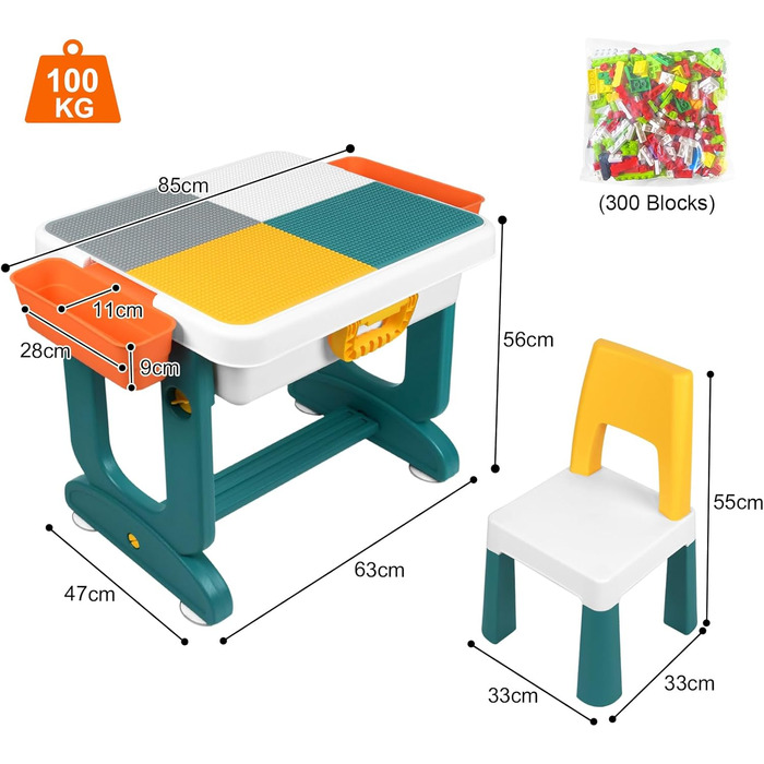 Комплект дитячого столу та стільця 5-в-1 дитячий стіл та стілець, ігровий стіл з будівельними блоками та 2 стільцями двостороння стільниця багатофункціональний ігровий стіл із місцем для зберігання навчальних та розвиваючих ігор будівельні блоки 5-в-1, ве