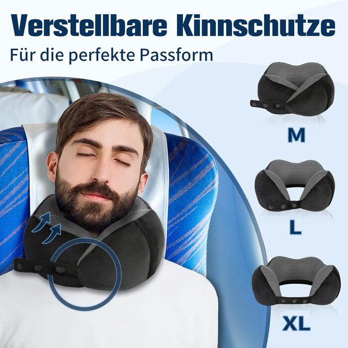 Регульована компактна Neck Pillow Travel, ергономічна мяка дихаюча подушка з берушами, маска для очей, сумка для перенесення