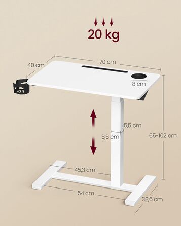 Журнальний столик VASAGLE з колесами, мобільний стоячий столик, стільниця 70 x 40 см, регульована висота, 2 підсклянники, відділення для мобільного телефону або планшета, хмарно-білий LSD600W01 70 x 40 см хмарно-білий