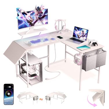 Ігровий стіл із розумним світлодіодним освітленням, L-подібний стіл із подовжувачем для домашнього офісу, кутовий стіл 120-150 см з розеткою, сумка для зберігання, підставка для монітора, білий